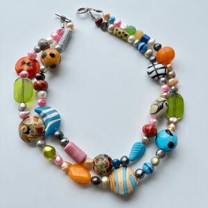 Vintage Murano Glass & Baroque Pearl Artisan Necklace Chunky Boho Statement
